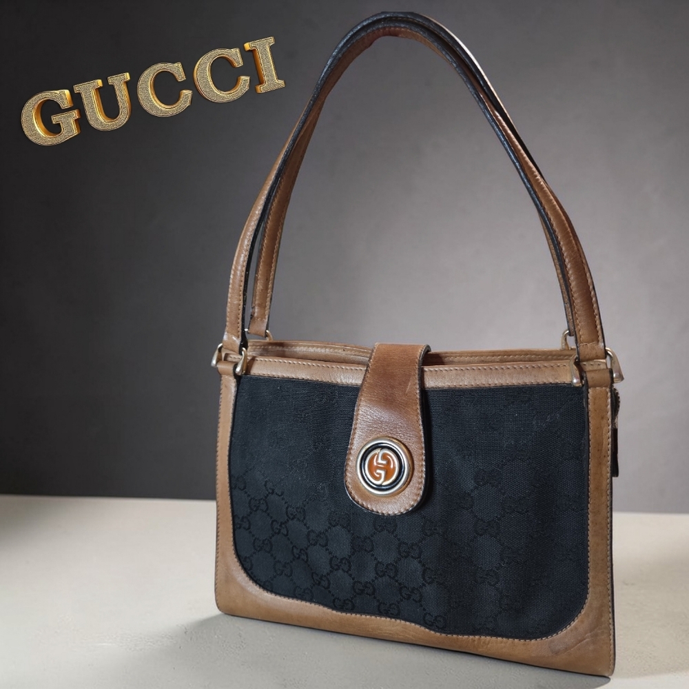 Gucci VTG Black Canvas Shoulder Bag with Brown Leather Trim And Free Bag Insert - Picture 13 of 13